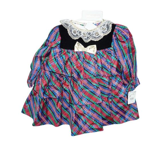 Vintage 80s/90s Plaid Tiered Party Dress Lace Collar Velvet Yoke 2T - Picture 1 of 7